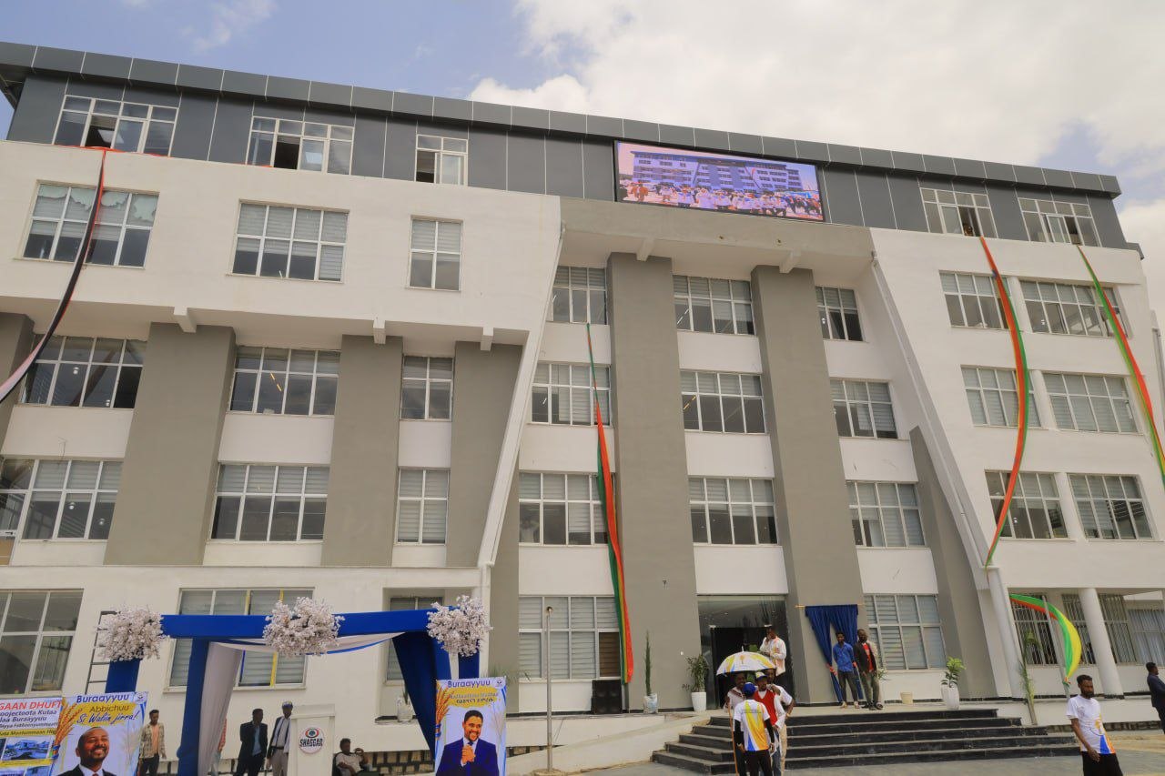 The exterior and main entrance of the Burayu Mesob building.