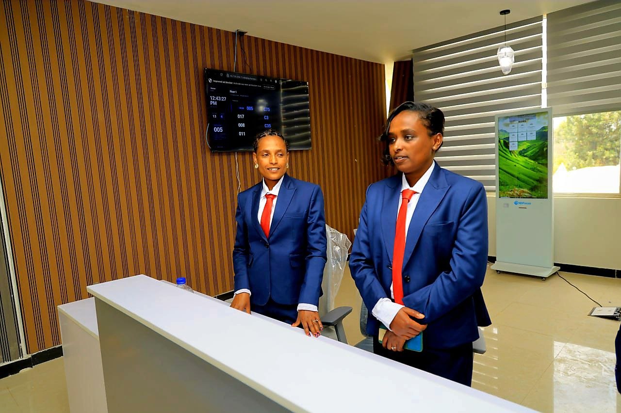 Staff at the reception counter in Burayu Mesob.